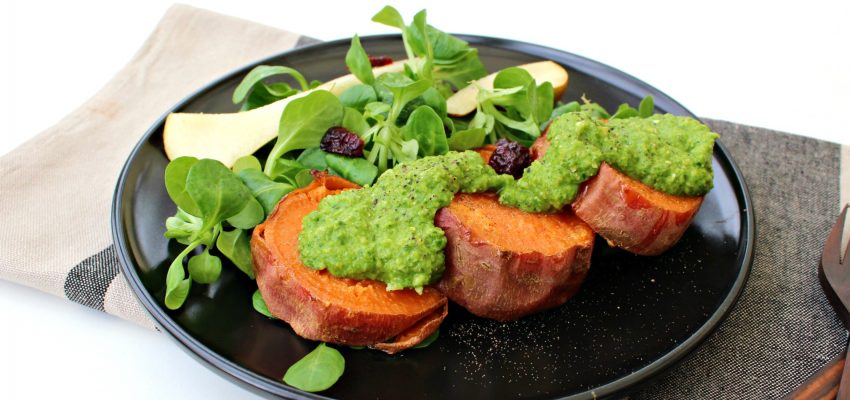 Patate douce en palets fondants et pesto de kale