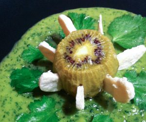 Kiwi rotis sauce crémeuse sucrée pois cassés coriandre