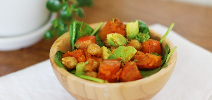 Salade potimarron pois chiches rôtis épinards