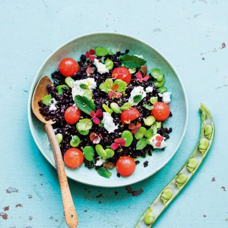 Salade de riz noir, fèves, pastèque